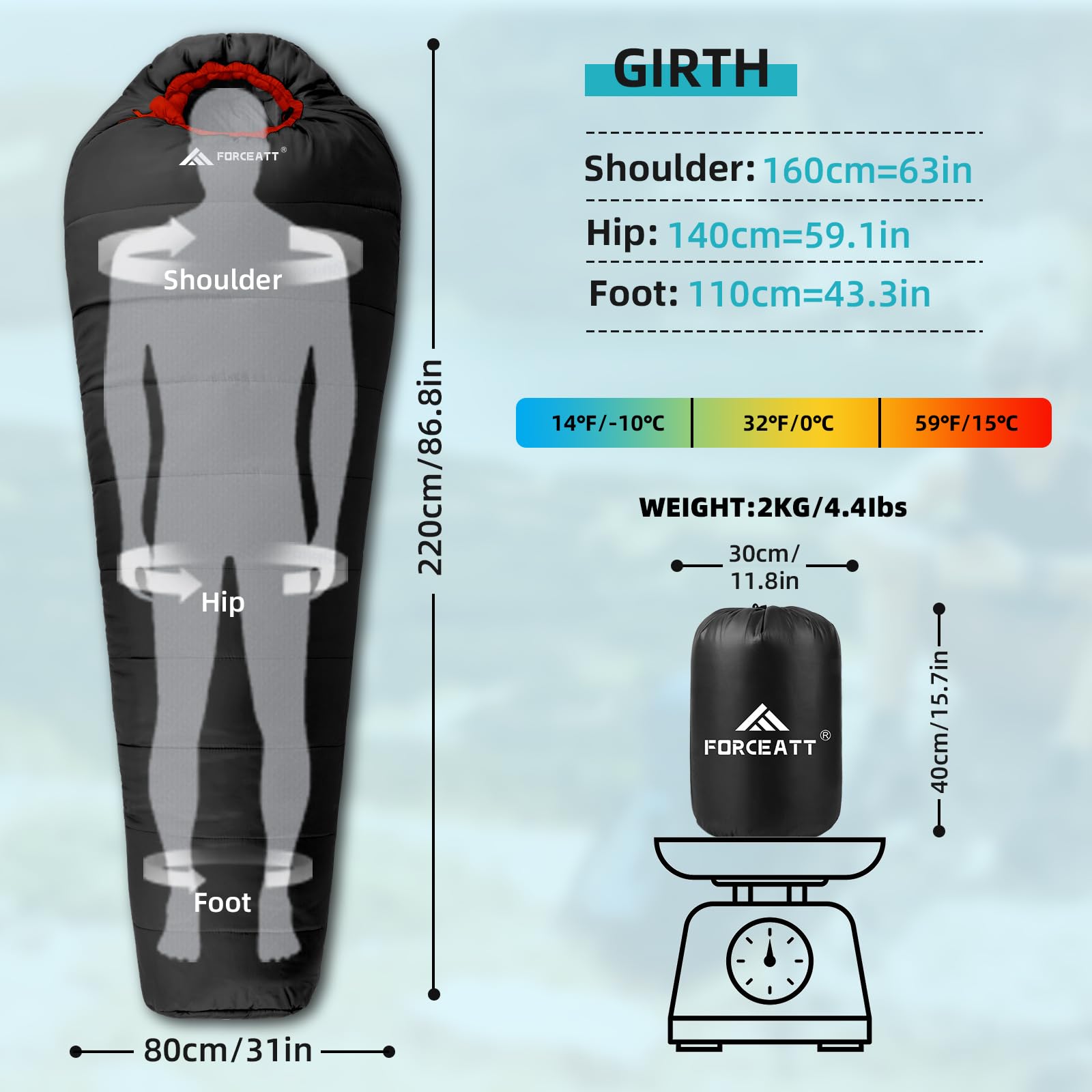 Forceatt Schlafsack -10°C~15°C 4 Jahreszeiten, Mumienschlafsack Winter für Erwachsene Wasserdicht, Schlafsack Outdoor Ultraleicht für Camping, Reisen Zelten, Outdoor und Indoor.