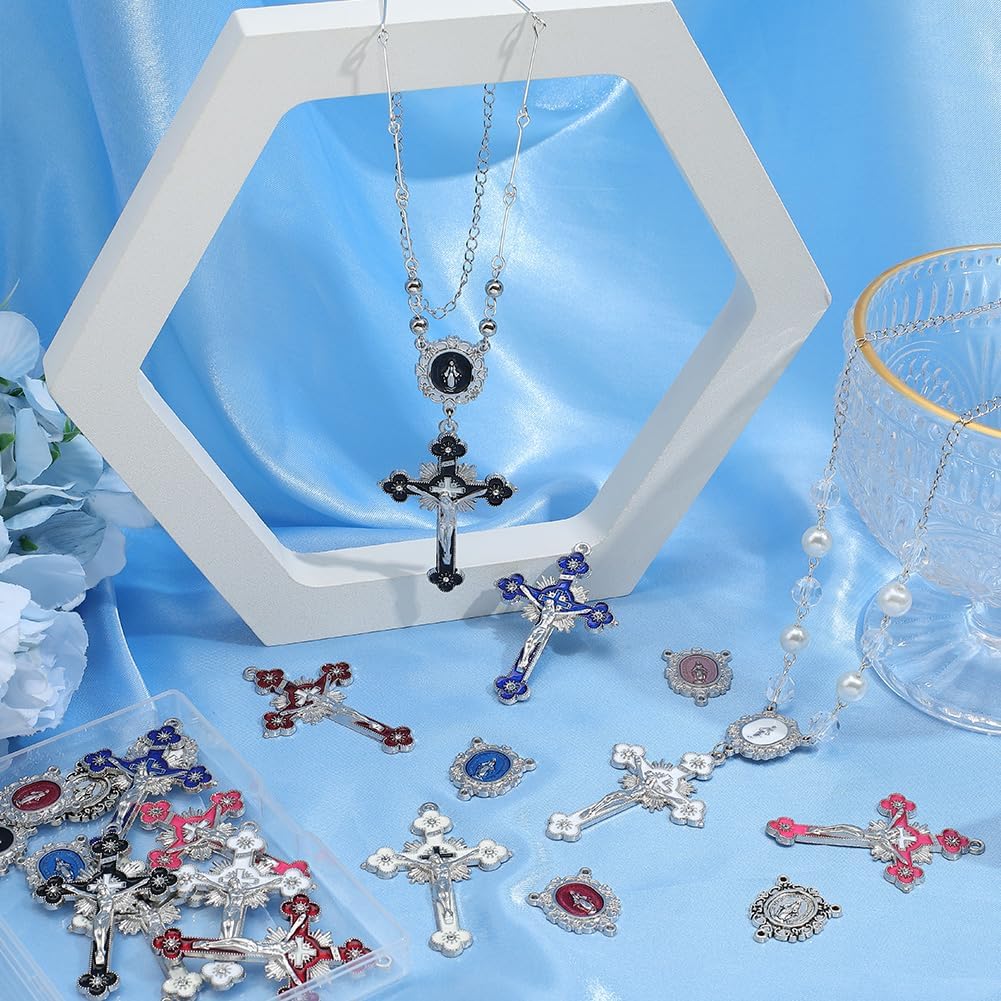 SUNNYCLUE 1 Box 12Pcs 6 Colors 2 Styles Rosary Cross Charms Easter Medal Charms Antique Tibetan Silver Alloy Red Large Crucifix Festival Connector for Jewelry Making Supplies Crafts DIY Necklace Women