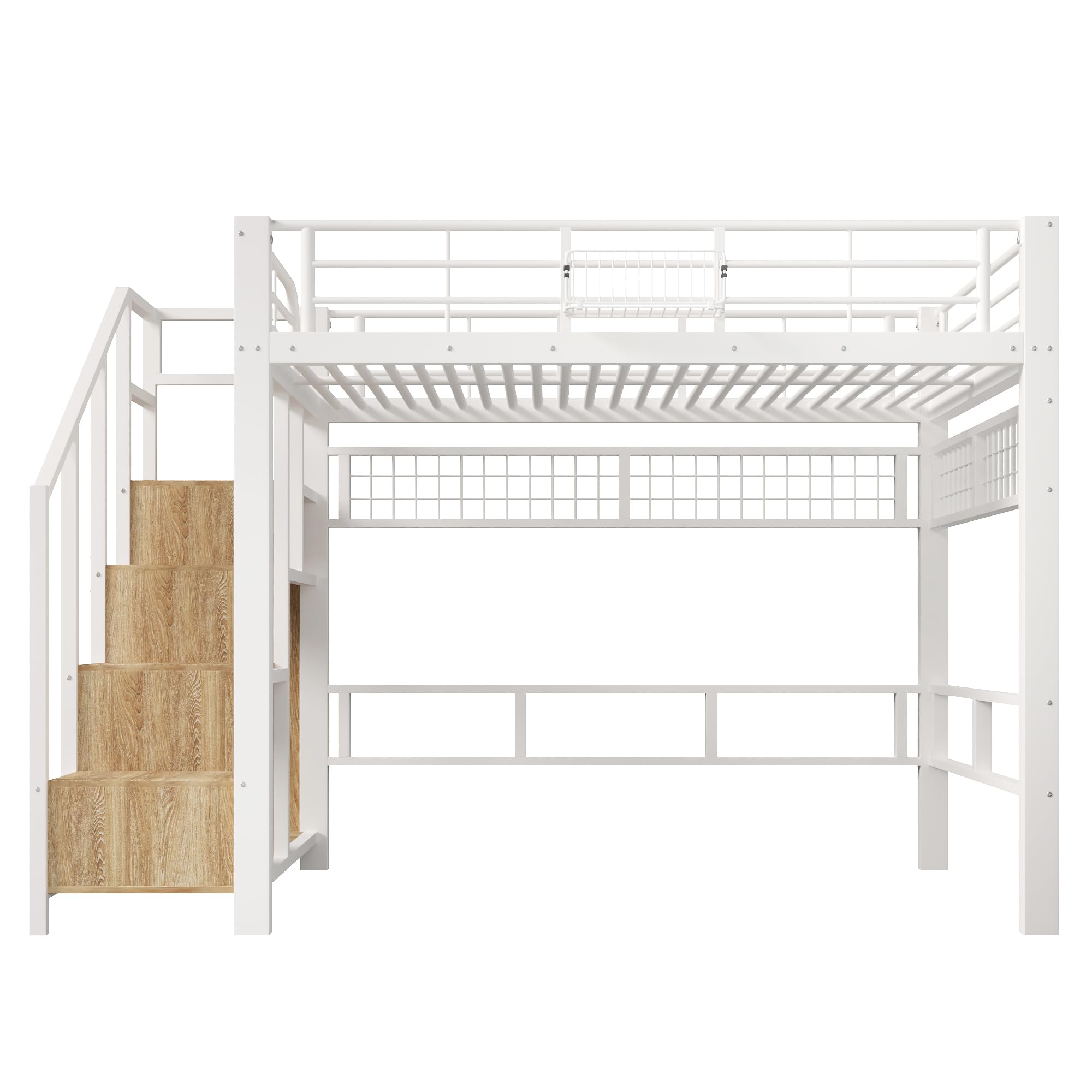 Cama alta, 140 x 200 cm, metal, rejilla para colgar objetos, con tira de luz LED, construcción de escaleras con espacio de almacenamiento, sin colchón, color blanco