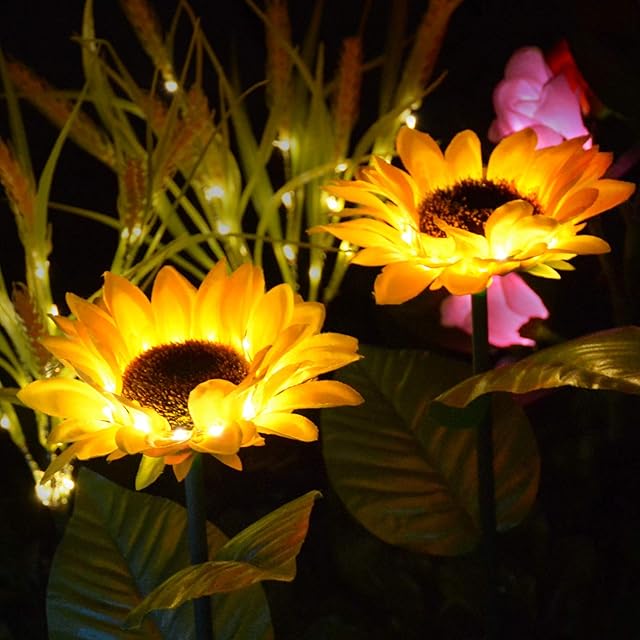 2 Pack Solar Sunflower Lights, Outdoor Garden Solar Powered Decorative Artificial Flowers Stake Lights for Gardening Flower Bed Patio Yard Pathway Garden Memorial Cemetery Grave Xmas Bush Decorations