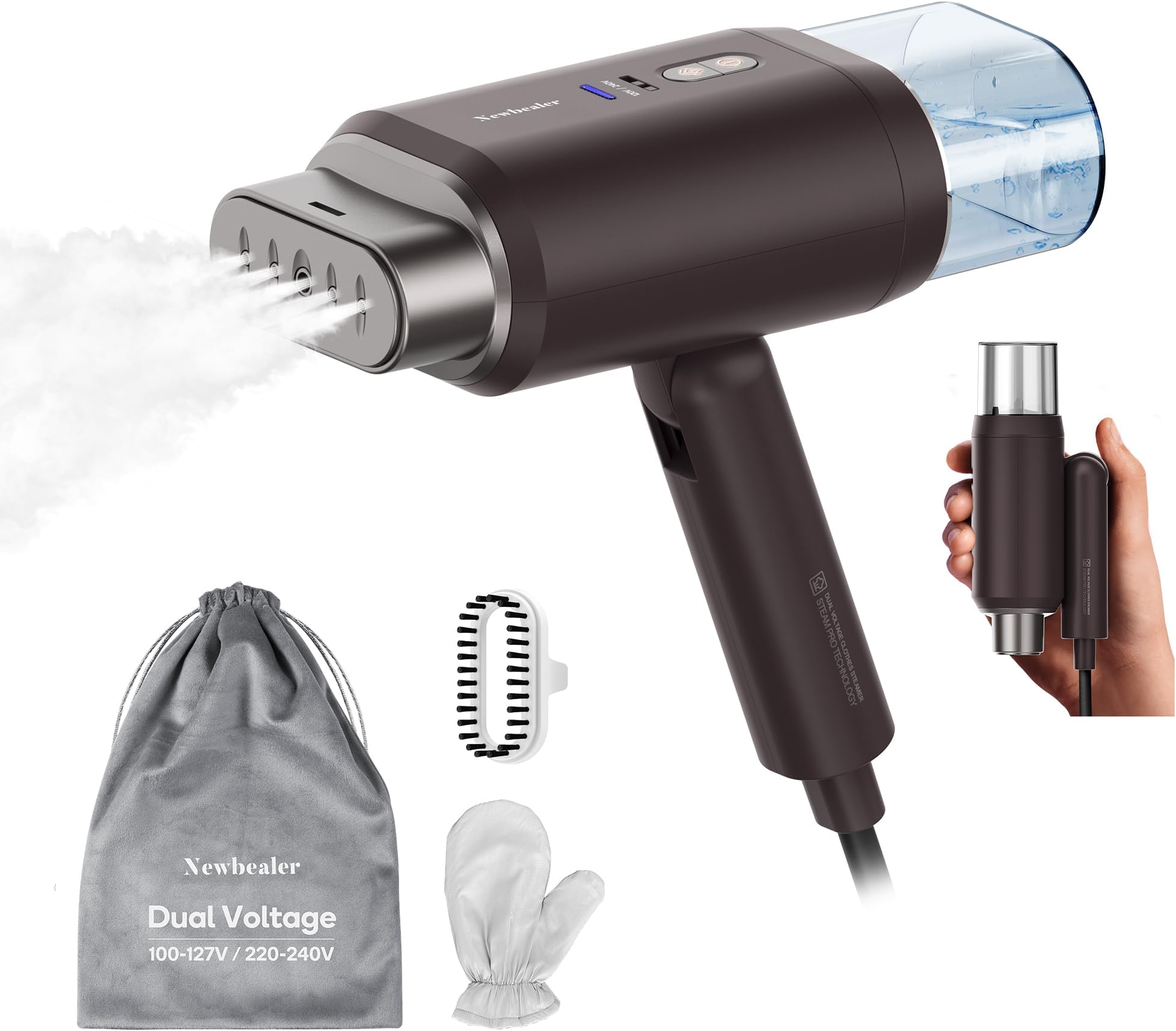 – Dual Voltage Travel Clothes Steamer - 220V/120V, 1200W Portable Garment Steamer with 180ml Detachable Water Tank, Horizontal & Vertical Steaming, Auto-Off, 20s Fast Heat Up, Brown