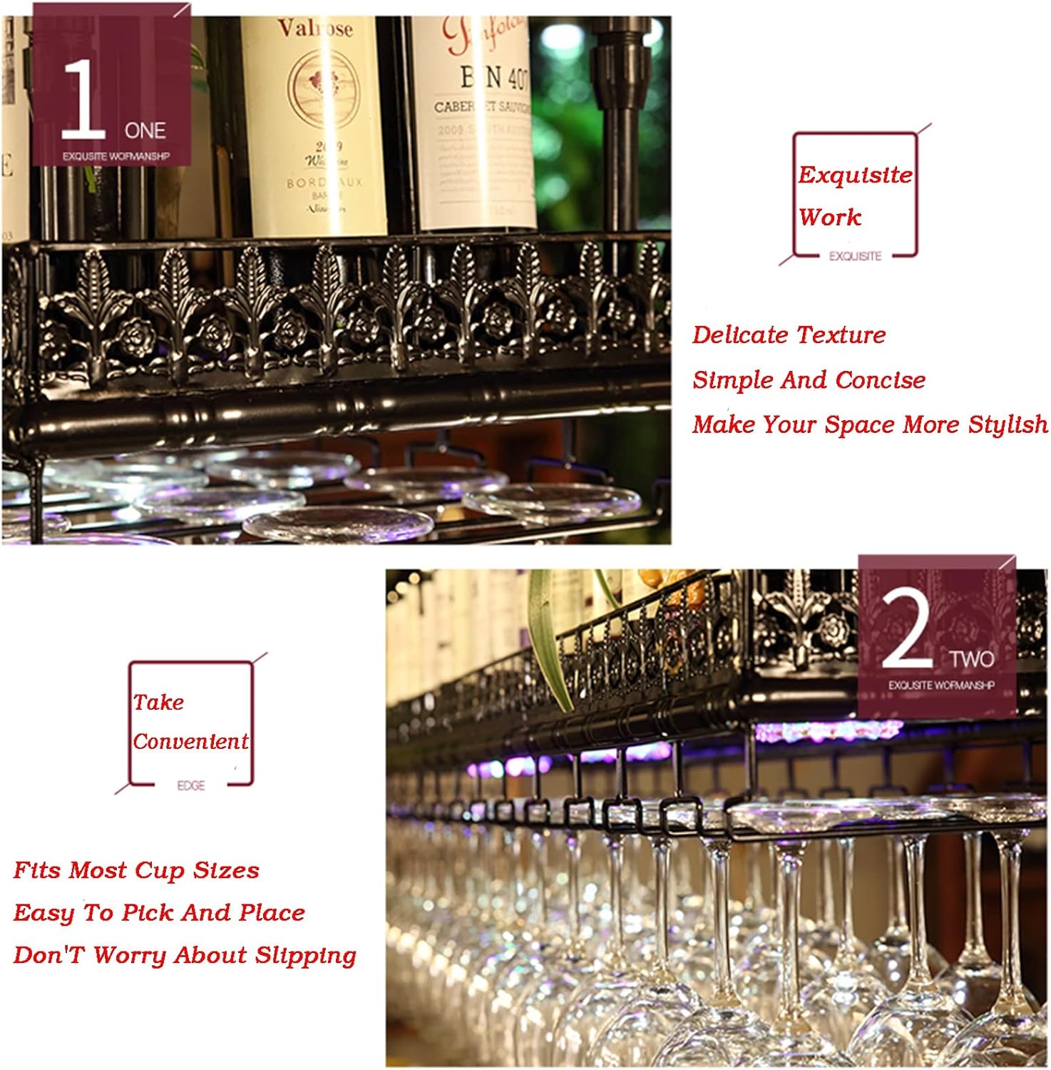 Hanging Wine Rack, Retro Ceiling Decoration Rack, Upside-Down Hanger Suitable for Living Room, Dining Room, Bar, with Colorful Lights (Color : A, Size : 60X35X60CM)