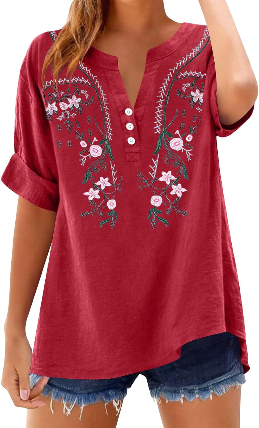 Linen Shirts for Women Summer Retro Embroidered Half Sleeve Boho Peasant Tops Dressy Casual Loose Fit Henley Blouses