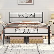 Yaheetech Struttura Letto Matrimoniale in Ferro Battuto a Doghe 160 x 200 cm Testiera Elegante in Metallo Stile Rustico Moderno Nero