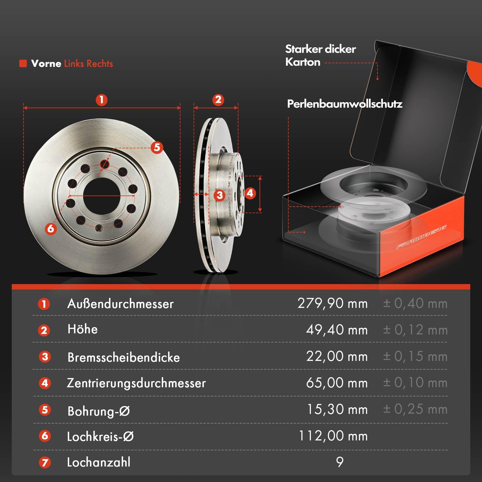 Frankberg Bremsensatz inkl. 2x Bremsscheiben + 4x Bremsbeläge Vorne Kompatibel mit A3 8P1 Leon 1P1 A3 Sportback 8PA Golf Plus 521 5M1 Yeti 5L Replace# JZW698151,1K0615301AC