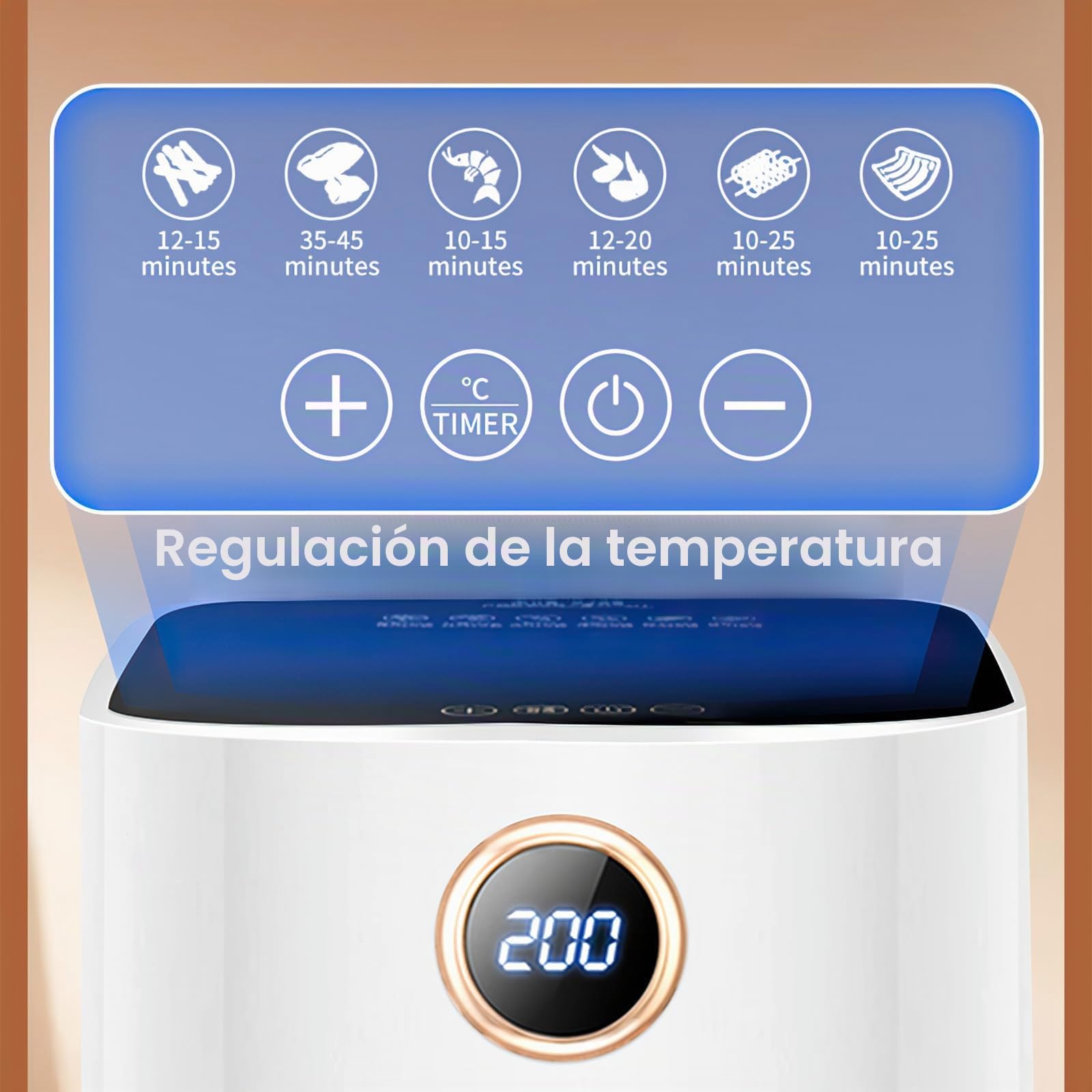 Freidora de aire caliente 5L, 1300W Freidora de aire con ventana de visión de 360°, control de tiempo y tempertura, pantalla táctil, extraíble, 6 funciones de cocción, sin BPA