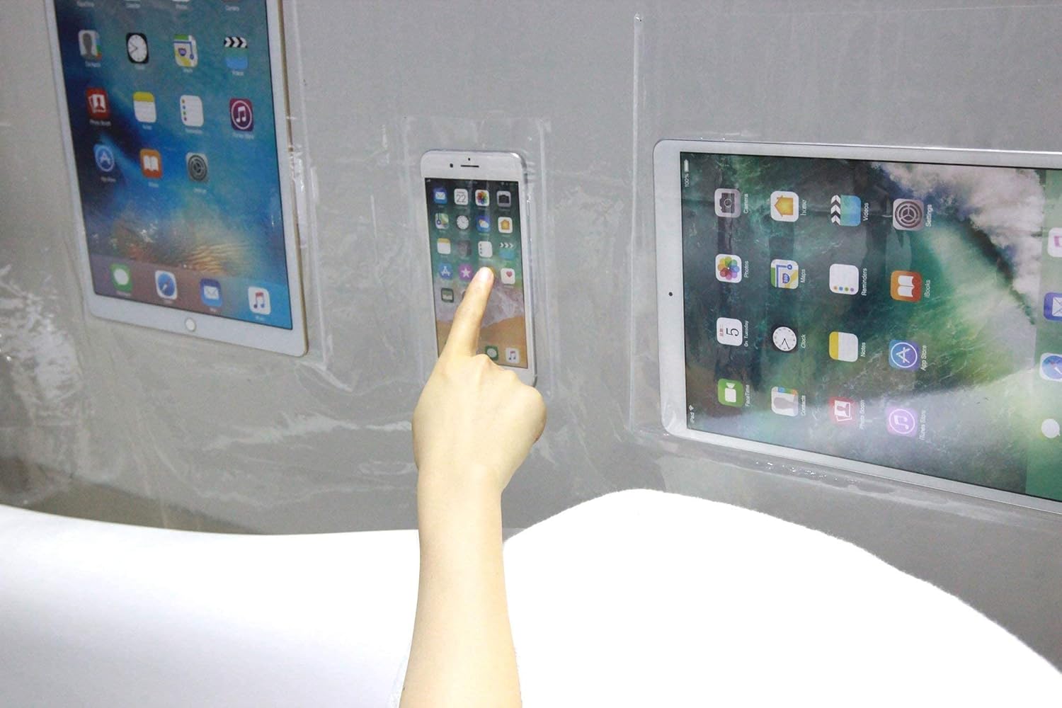 Clear Shower Curtain Liner with 8 Touchscreen Pockets for Phone, iPad, Jewelry, Baby Monitor, with Rustproof Grommets and 3 Weighted Magnets, 12 Hooks, Waterproof, Peva Plastic 72 x 72