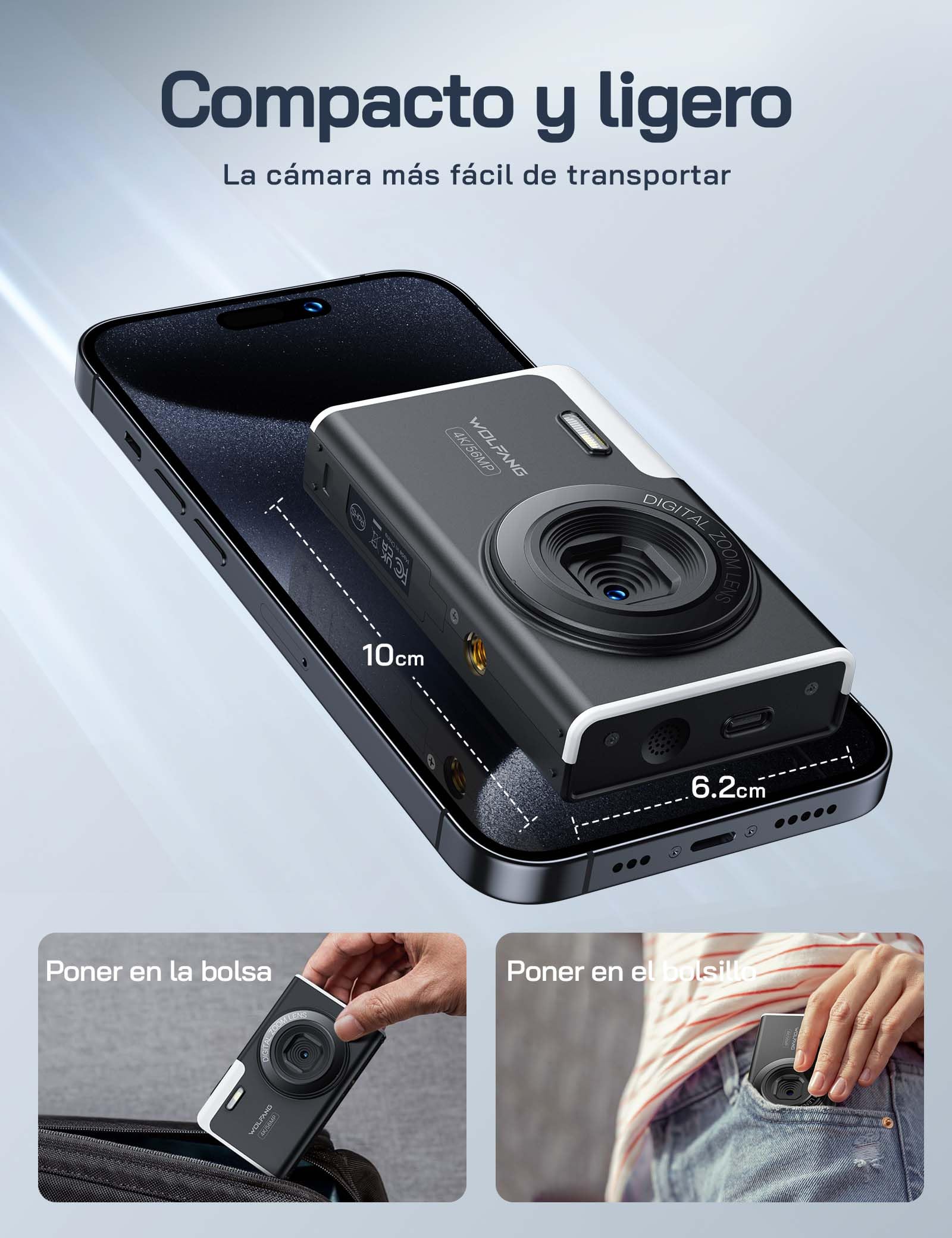 WOLFANG Cámara Digital Portátil Compacta, cámara Infantil 4K para fotografía, Cámara de Fotos de 56 MP, con Zoom de 16X, Recargable Cámara para Niños, Principiantes, Adulto