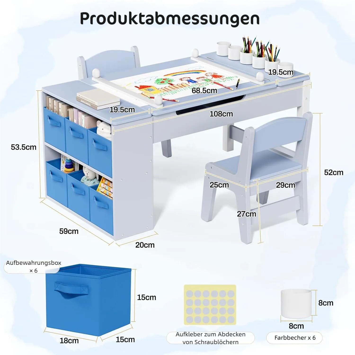 Clevich Kindertisch mit 2 Stühlen, Tisch-Stuhl Set Holz, Kindersitzgruppe mit Stauraum, Maltisch mit Papierrolle, Mal und Basteltisch für ab 3 Jahre (Blau)