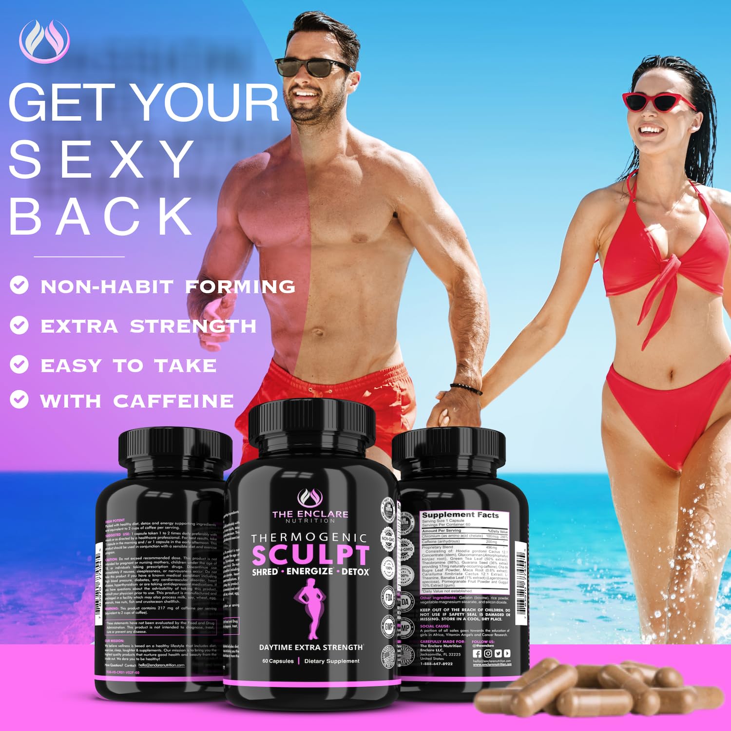 Thermogenic Fat Burner, Appetite Suppressant, Weight Loss Supplement for Women & Men, Metabolism, Energy, Focus, Brain, Caffeine Pills with Chromium, Green Tea Extract, L Theanine, Sculpt 60 Capsules — Amazon image 2