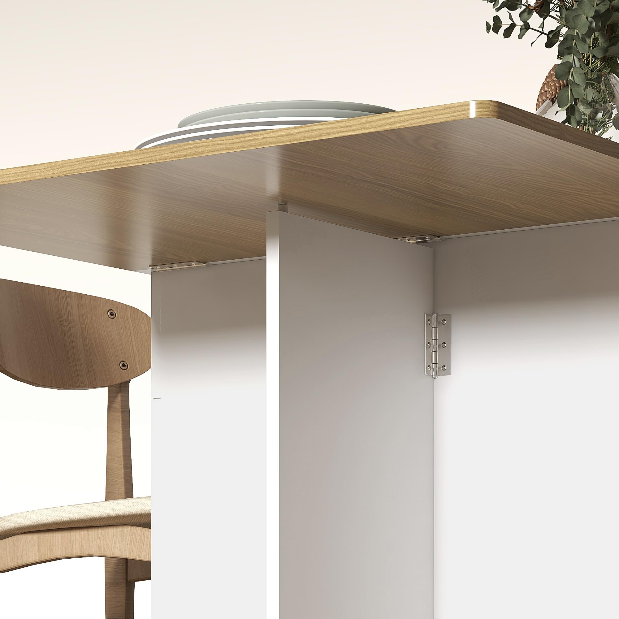 HOMCOM Mesa comedor plegable con ruedas 140x76x74cm,Blanco&madera natural | Mesa de cocina, para 6 personas, 2 hojas abatibles, 2 cajones, 2 armarios, para espacios pequeños.