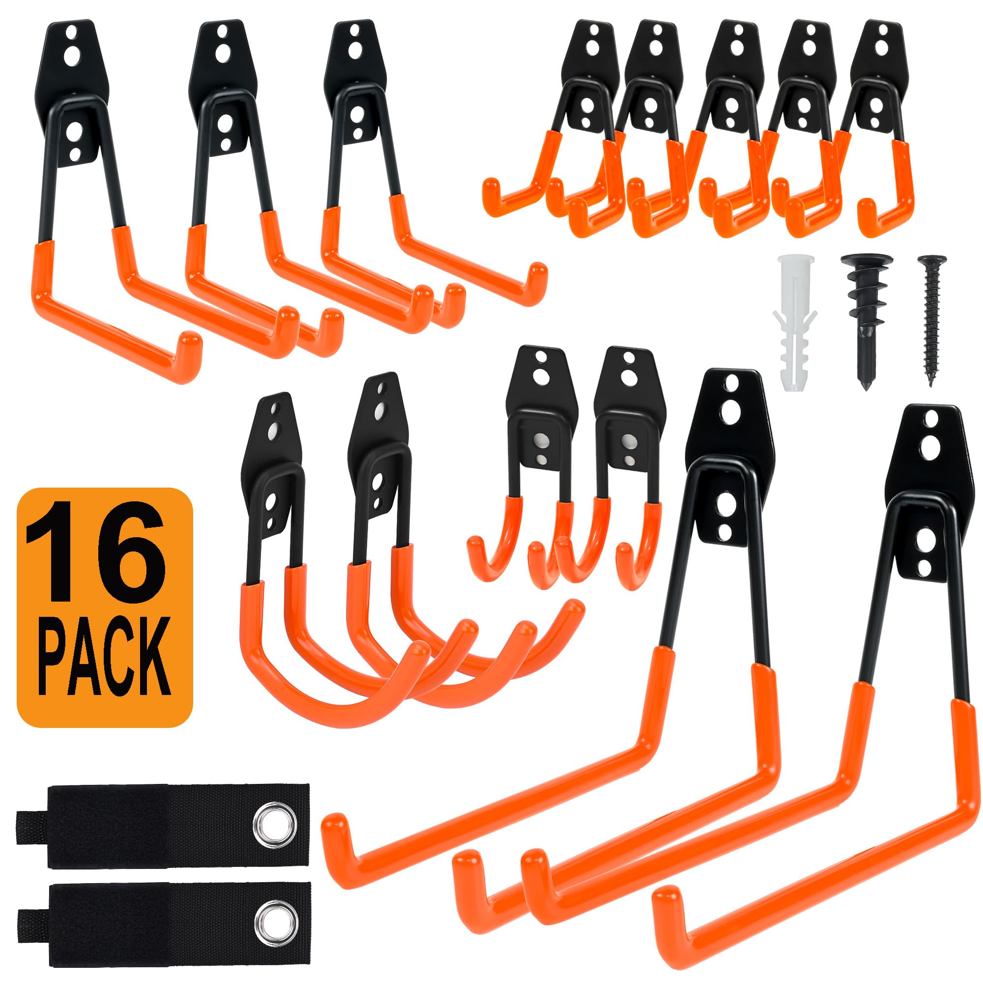 QUELIEN Lot de 16 crochets muraux de garage – Crochets muraux de garage pour porte-tuyaux, câbles et outils, systèmes de rangement peu encombrants pour garage, atelier et maison