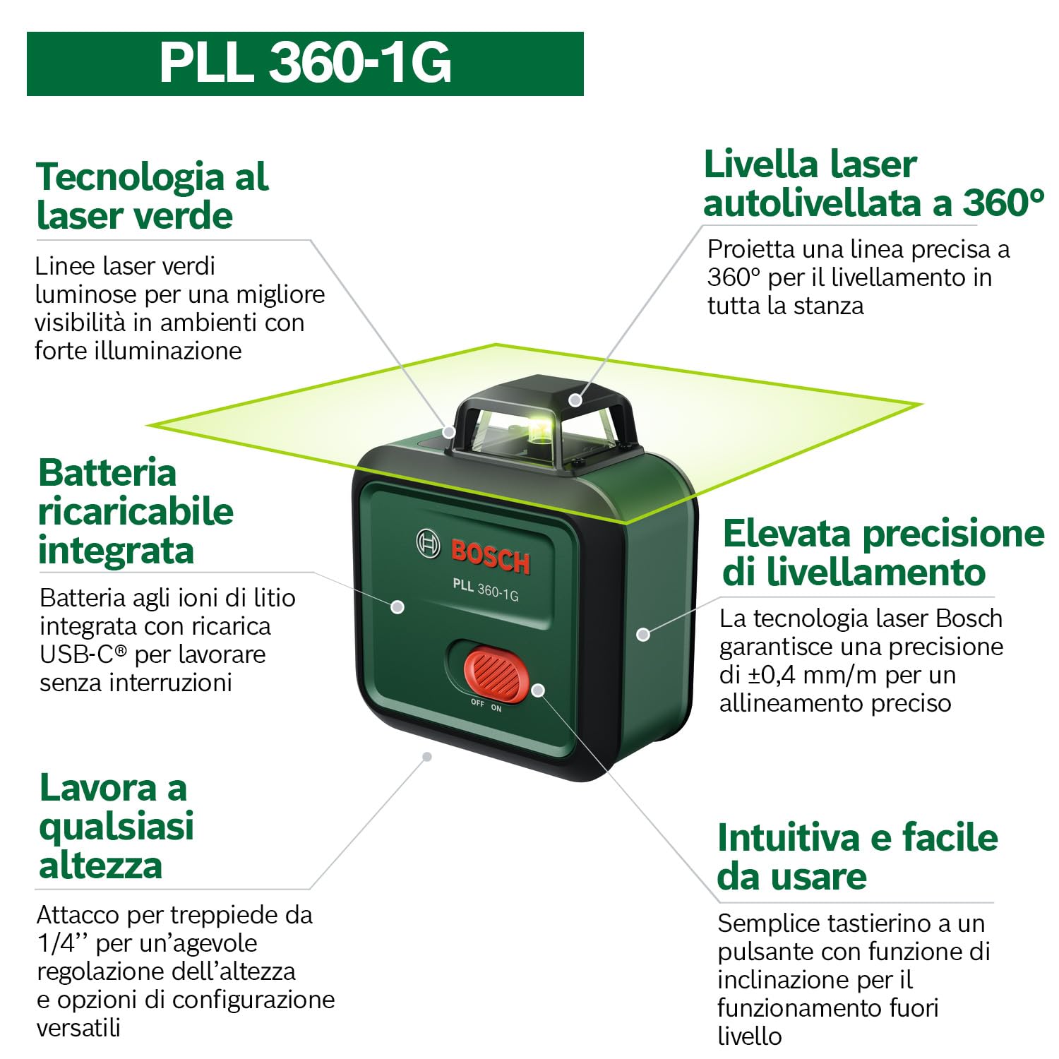 Bosch Livella laser PLL 360-1G (laser verde a 360°, autolivellante, precisione ±0,4 mm/m, batteria ricaricabile agli ioni di litio integrata, ricarica USB-C®, in confezione di cartone)