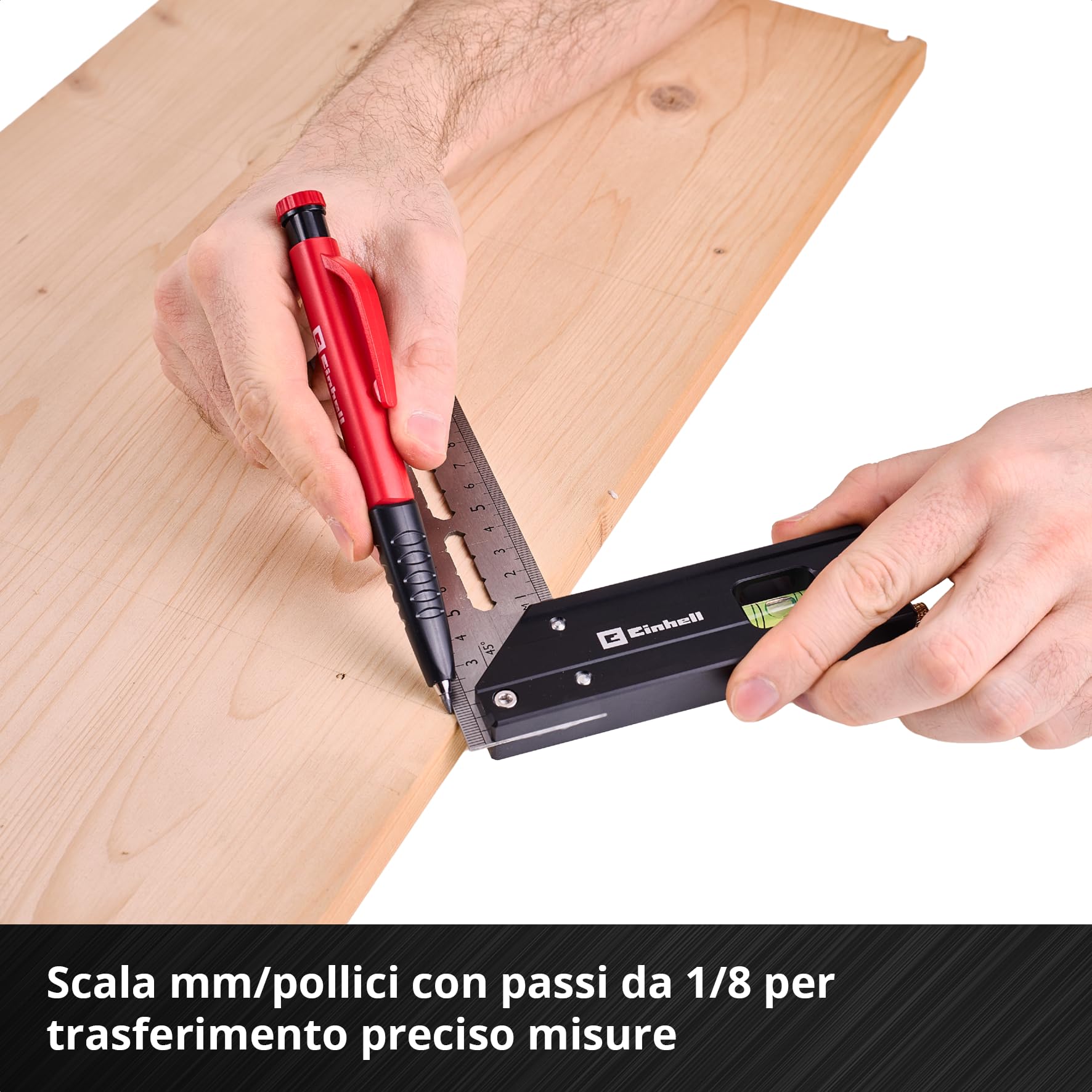 Einhell 2 pezzi set di squadre di battuta, 200/400 mm | Angoli 90° / 45° | scale mm / pollici | fiala | truschino | aperture tracciatura | profilo alluminio | matita meccanica