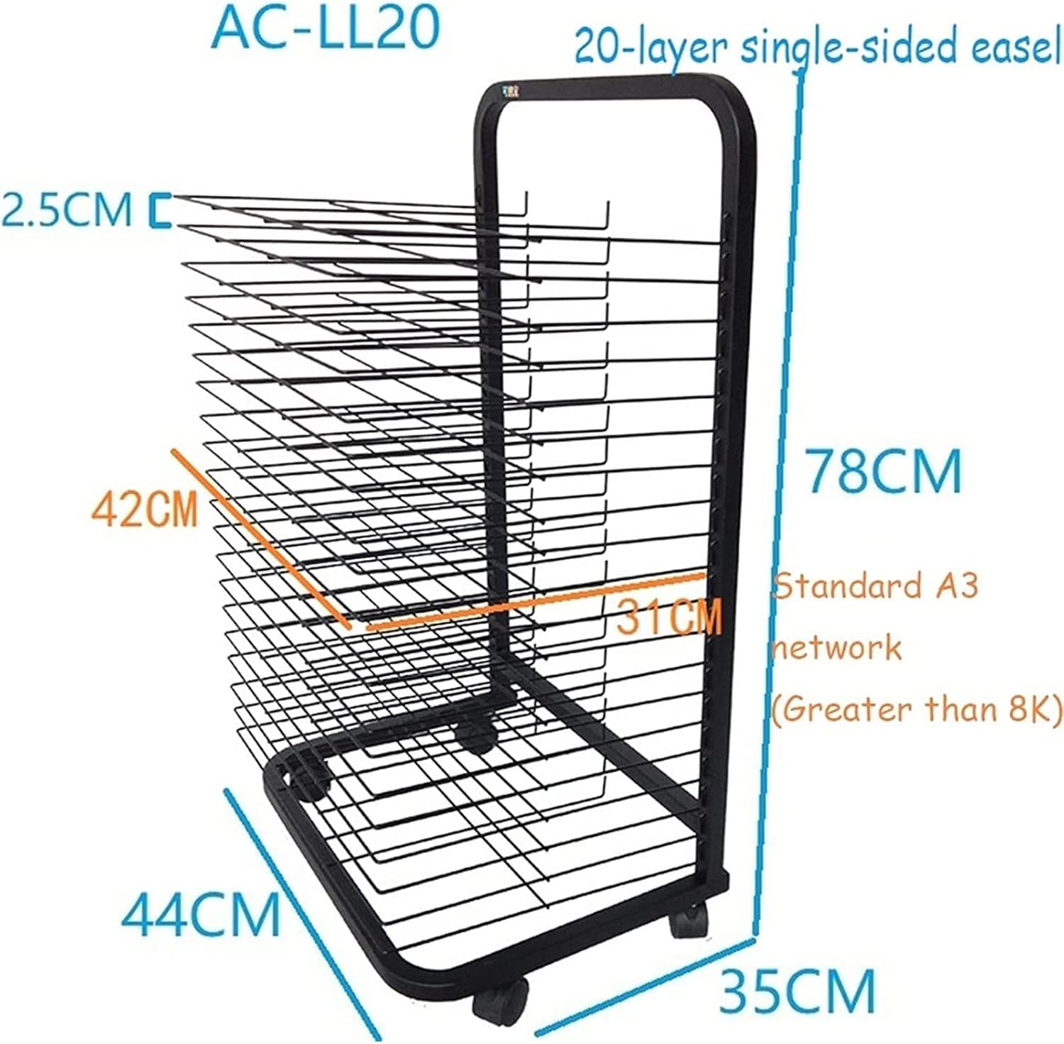 Print Racks锛孧obile Art Drying Rack for Classrooms, Solid Metal Artwork Storage Display Rack, Power Coated Design, Drying Rack with Wheels Painting Crafts, Ideal for Schoo,20 Layer:44x35x78CM