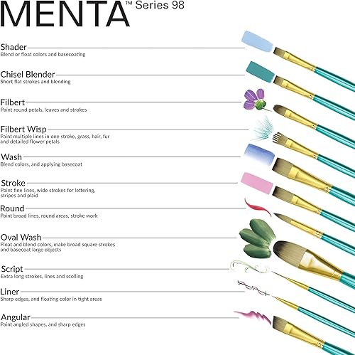 Miniatura 6 de Royal & Langnickel Menta - Juego de 5 pinceles angulares variados para pinturas acrílicas, incluye pinceles angulares, filbert, sombreador y redondos