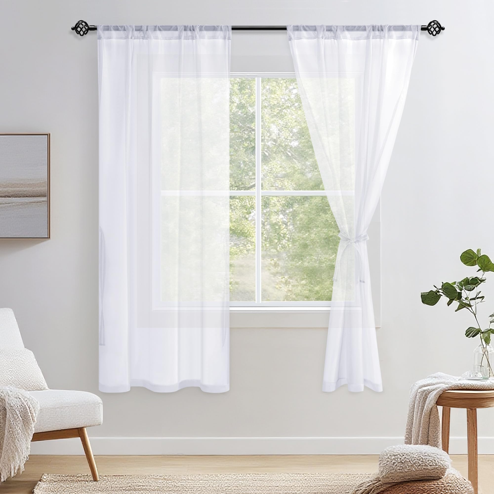 Hiasan White Sheer Curtains 63 Inches Long, Rod Pocket Light Filtering Voile Textured Curtain Drapes with Tiebacks for Bedroom/Living Room, 42 Inches Wide, 2 Panels