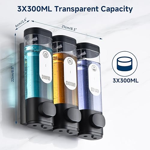 Miniatura 5 de Dispensador de champú y acondicionador, dispensador de jabón de ducha, 3 cámaras, sin taladro, dispensador de champú para ducha, botella montada en