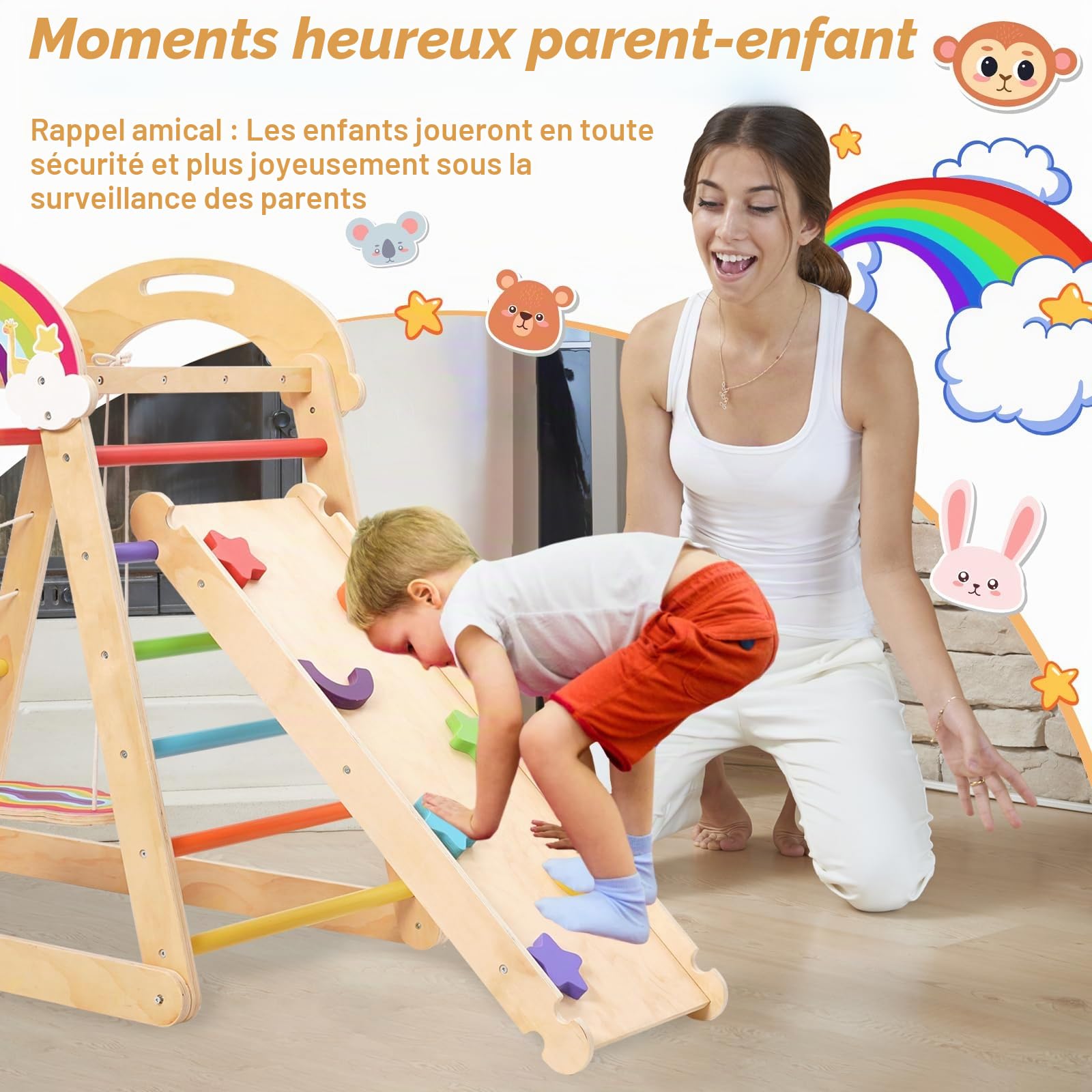 Structure d'escalade Montessori, aire de jeux d'intérieur 5 en 1 pour enfants, avec balançoire, arc, toboggan et corde d'escalade