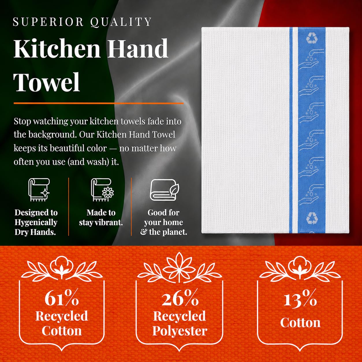 Carlo Lamperti Toallas de mano de cocina Italy Green Coll 61% algodón reciclado, 26% poliéster reciclado, 13% algodón, manos, gafas, tamaño de calor 27 x 22 pulgadas, tamaño del pan 23 x 17