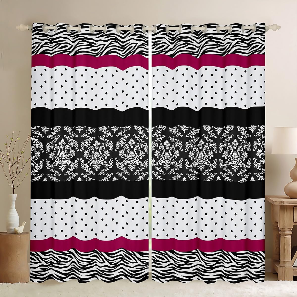Castle Fairy Geometry Damask Window Curtains Bohemia Ghotic Floral Darkening Blackout Curtains Zebra Texture Dots Window Treatments Rose Pink Stripes Grommet Top 2 Panel Set Drapes,42Wx84L