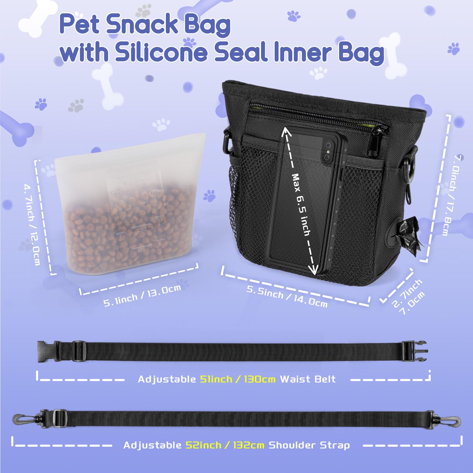 Porta Premietti per Cani Porta Sacchetti Cane Set di Contenitore Crocchette Cani con Sac Interno Silicone&Clicker per Cani&Sacchetti Cane Cacca Dispenser&Tracolla Regolabile per Addestramento Cane