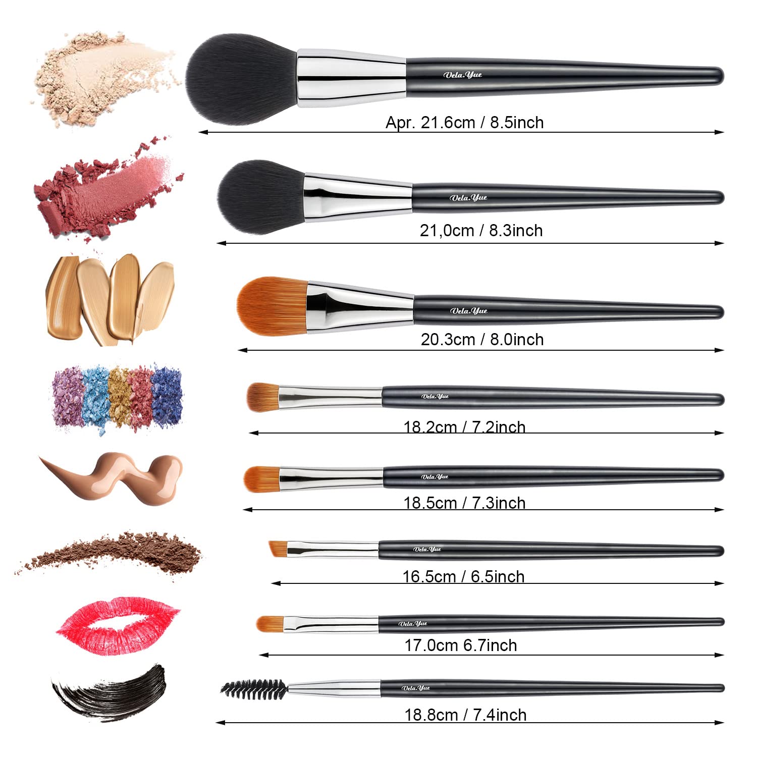 Vela.Yue Makeup Brushes Set 8pcs Soft Synthetic Powder Foundation Blush Concealer Eyeshadow EyeLiner Eyelash Eyebrow Lip Gloss Professional Beauty Tools Kit