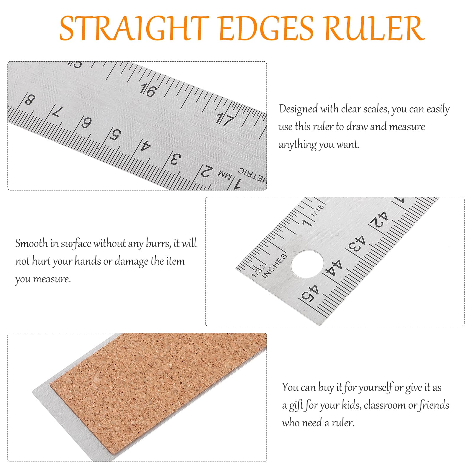 VILLCASE Metal Ruler Cork Backed, 18'' Non-Slip Cork Backing Rulers with Inch and Centimeters - Image 3