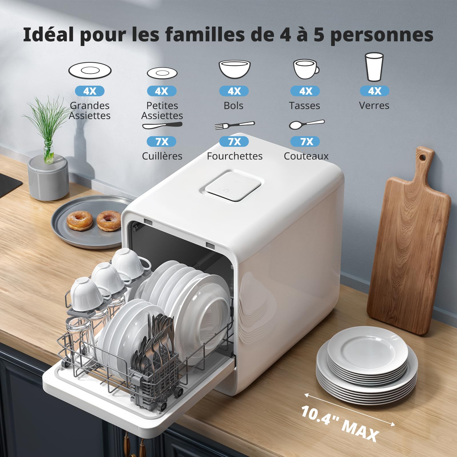 AIRMSEN Mini Lave-vaisselle de Table 37x50cm 4 Couverts 5L Double Jet 360° 7+2 Programmes Démarrage Différé 1-24H Blanc