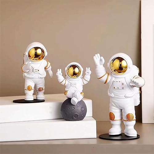 Miniatura 8 de Juego de 3 estatuas de astronauta blancas plateadas, figuras de escultura de astronauta, adornos para el hogar, decoración de tartas