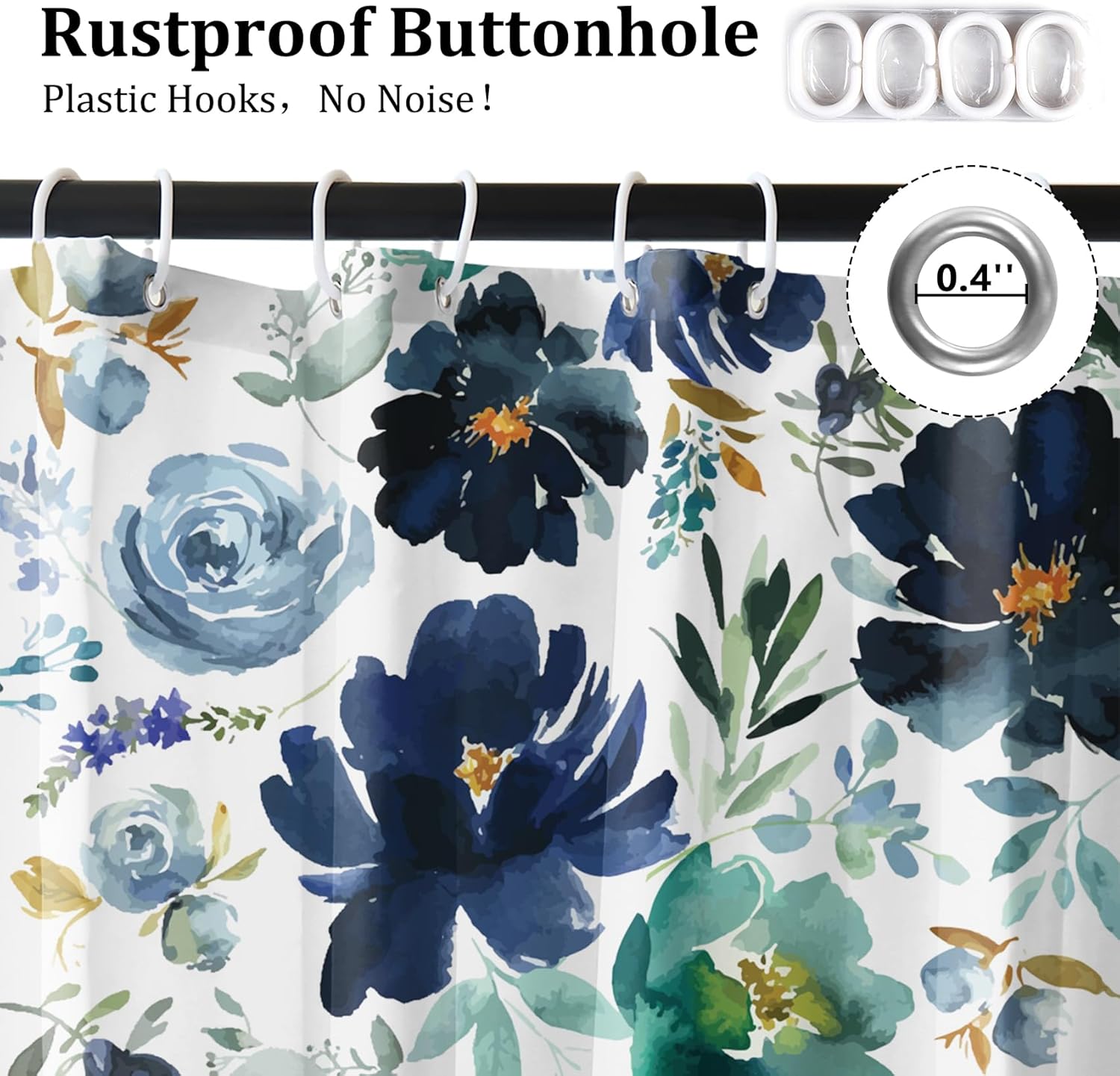 Renaiss 72 x 72 Inch Blue Watercolor Flower Shower Curtains Sets Navy Blue Green Purple Flower Art Print Shower Curtains for Bathroom Waterproof Fabric Bath Curtain Modern Decor with Plastic Hooks