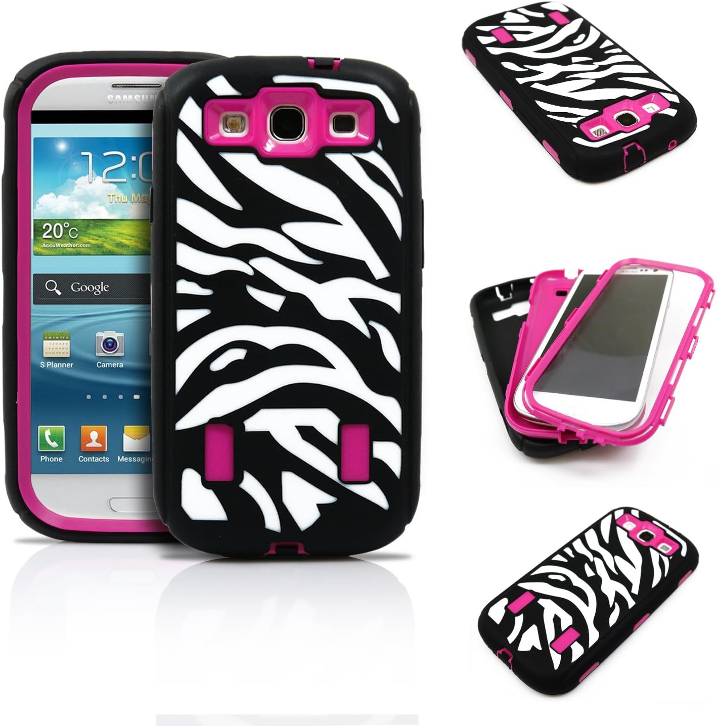 Galaxy S3 Case, MagicMobile® Dual Hard Heavy-Duty Plastic Protective Case for Samsung Galaxy S3 / I9300 Hybrid White and Black [Zebra-Pattern] Rugged Silicone Armor Impact Shockproof Cover [Rose Pink]