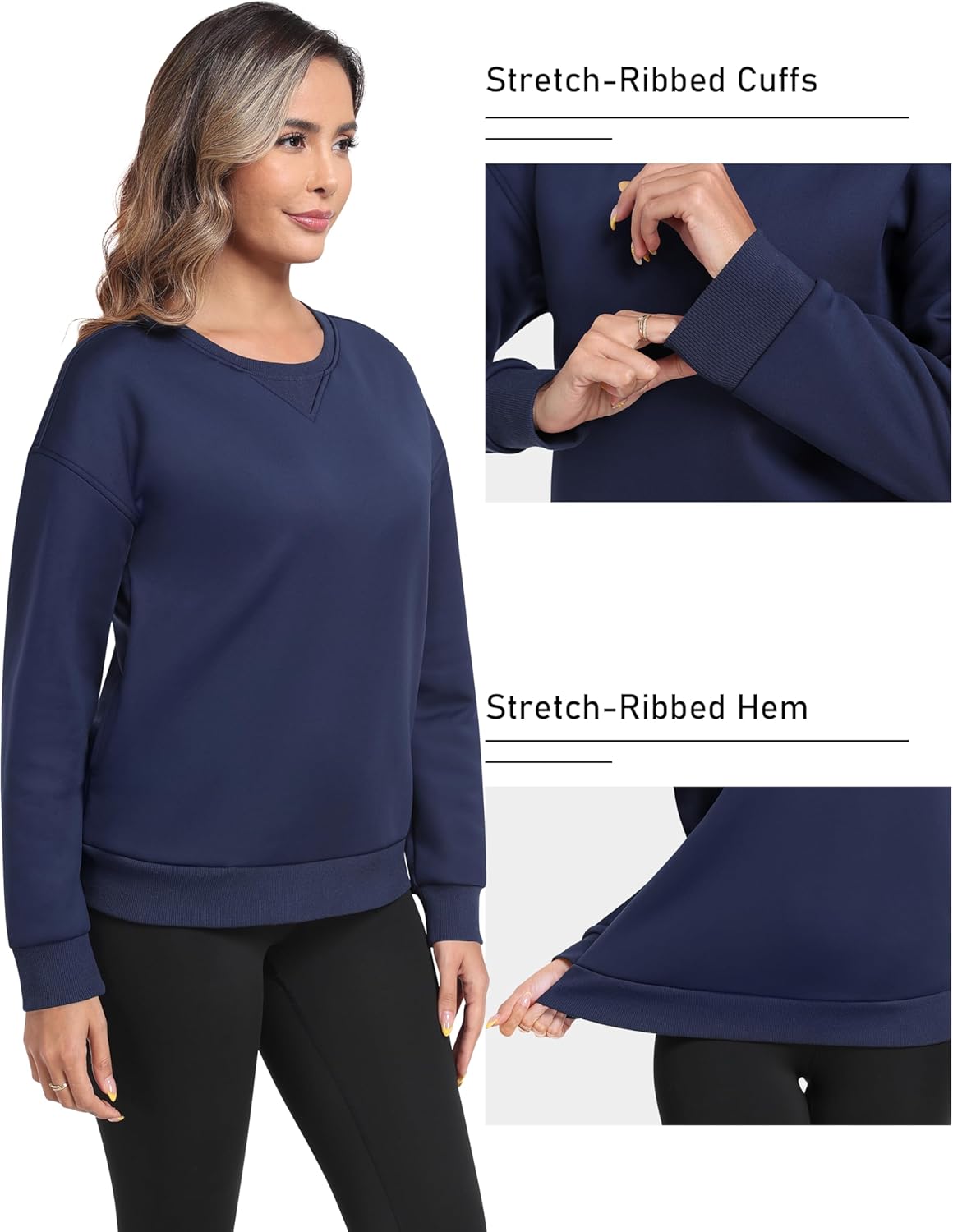 MoFiz Women's Fleece Lined Crewneck Sweatshirts Sherpa Lined Pullover Winter Warm Long Sleeve Casual Tops with Pockets - Image 4