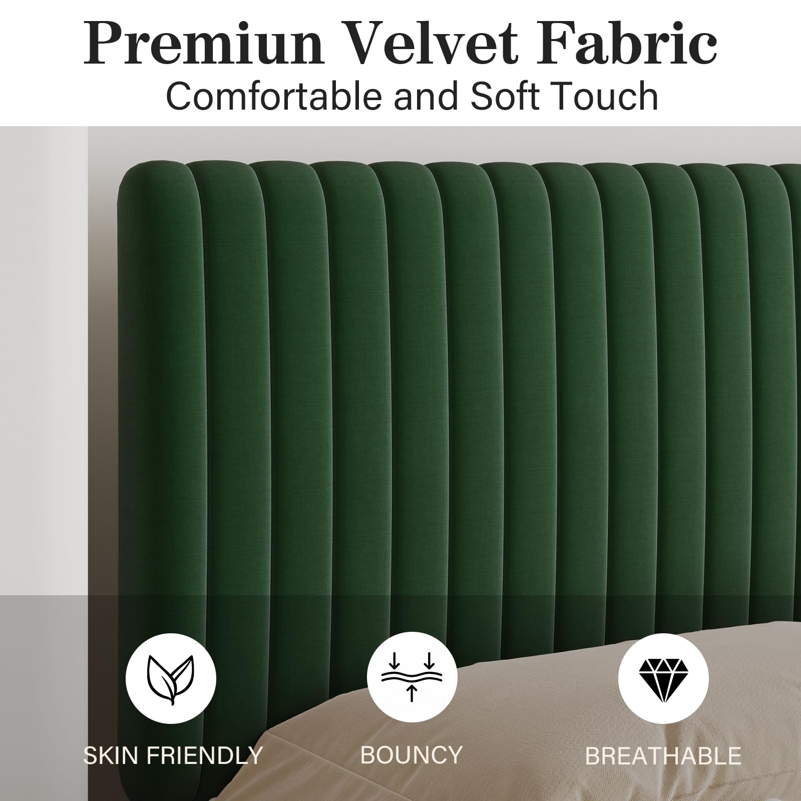 King Size Bed Frame and Headboard, Velvet Upholstered Platform Bed with Vertical Channel Tufted Headboard and Footboard, No Box Spring Required, Easy Assembly, Blue