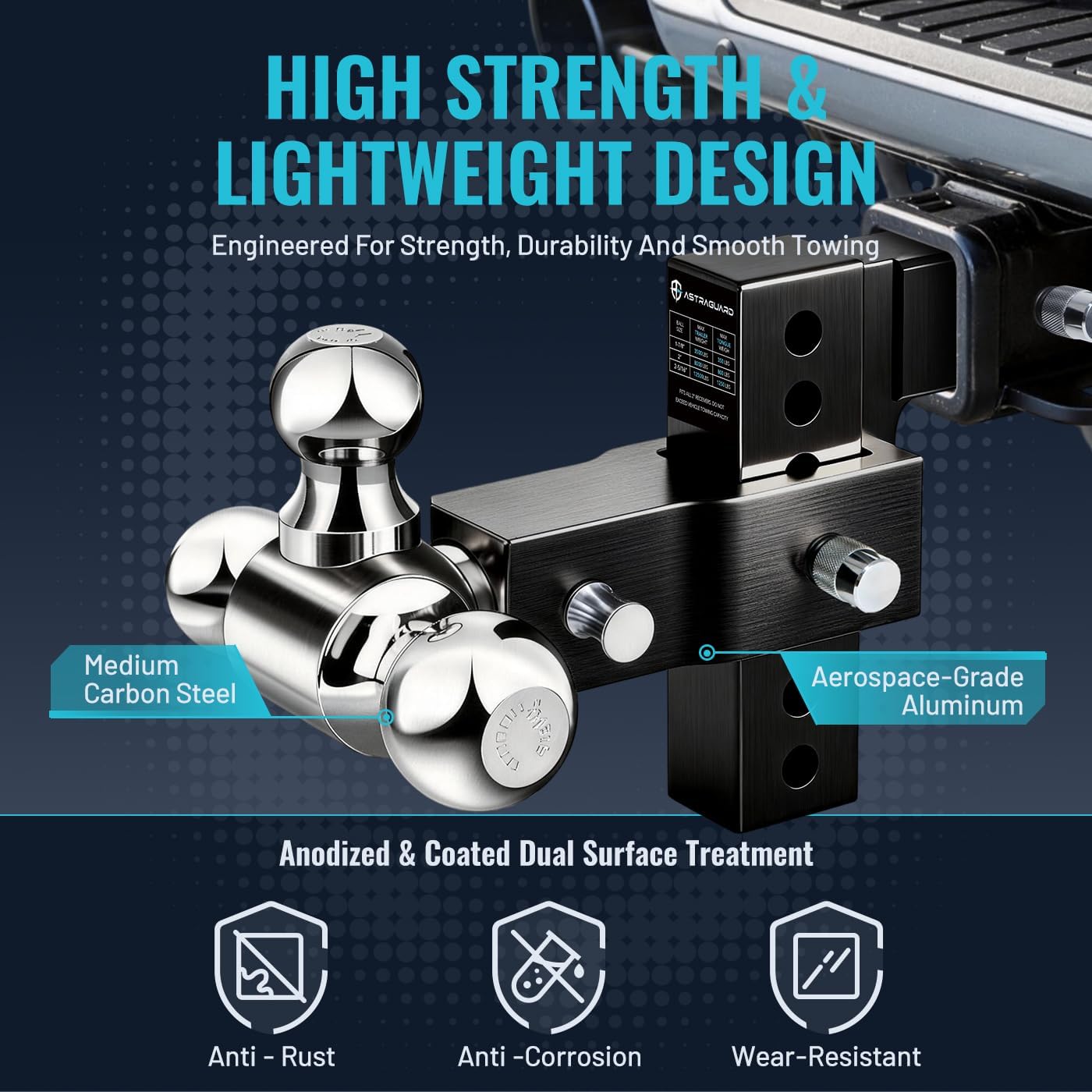Adjustable Trailer Hitch Fit 2 Inch Receiver, Tri-Ball (1-7/8", 2", 2-5/16") Heavy Duty Aluminum Tow Hitches with 6 Inch Rise/Drop for Truck (12500 LBS GTW)-Weatherproof & Anti-Theft