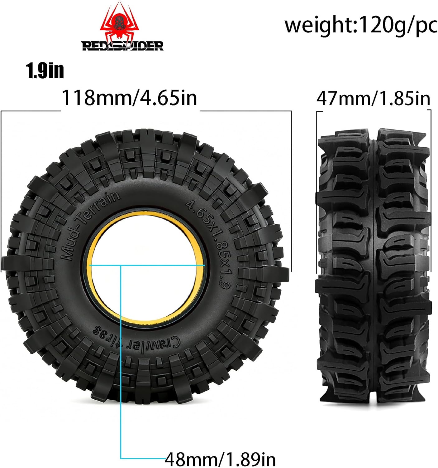 REDSPIDER 1.9'' Crawler Mud Slingers Grappler Tires 1/10 RC Rubber Tyres OD 4.65'' With Super Soft Foam Iiner For 1/10 Crawler Car Traxxas TRX4 RC4WD D90 Axial SCX10 II TF2 Gen8 Tamiya CC01 (Tires)