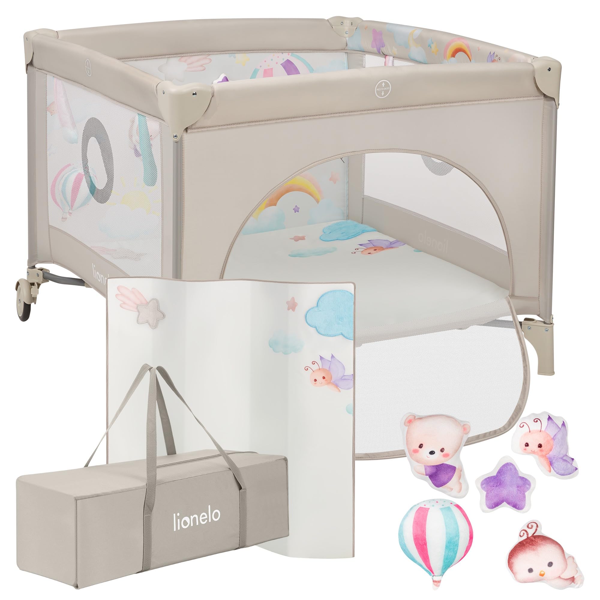 LIONELO Mille Plus Laufstall 100x100 cm mit Komfortmatte mit 3D-Bezug für Babys, bis 15 kg (0–36 Monate), Seiteneinstieg mit Reißverschluss, 2 Rollen mit Bremse, faltbar, Tragetasche