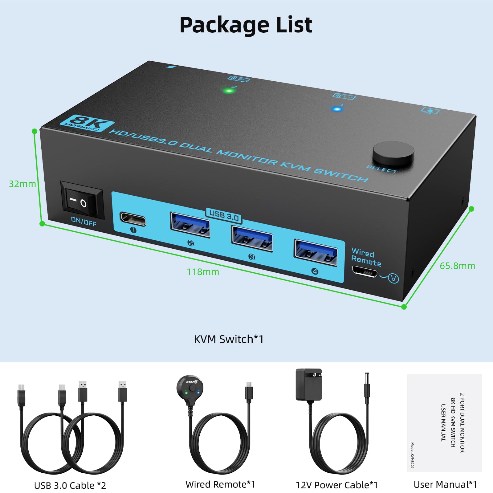 8K HDMI 2.1 KVM Switch 2 PC 2 Monitore 2 IN 2 OUT Dual Monitor KVM Switches Maximale Unterstützung 8K@60Hz/4K@144Hz, mit 4 USB 3.0-Anschlüssen kabelgebundener & Fernbedienung & 2 USB 3.0-Kabeln