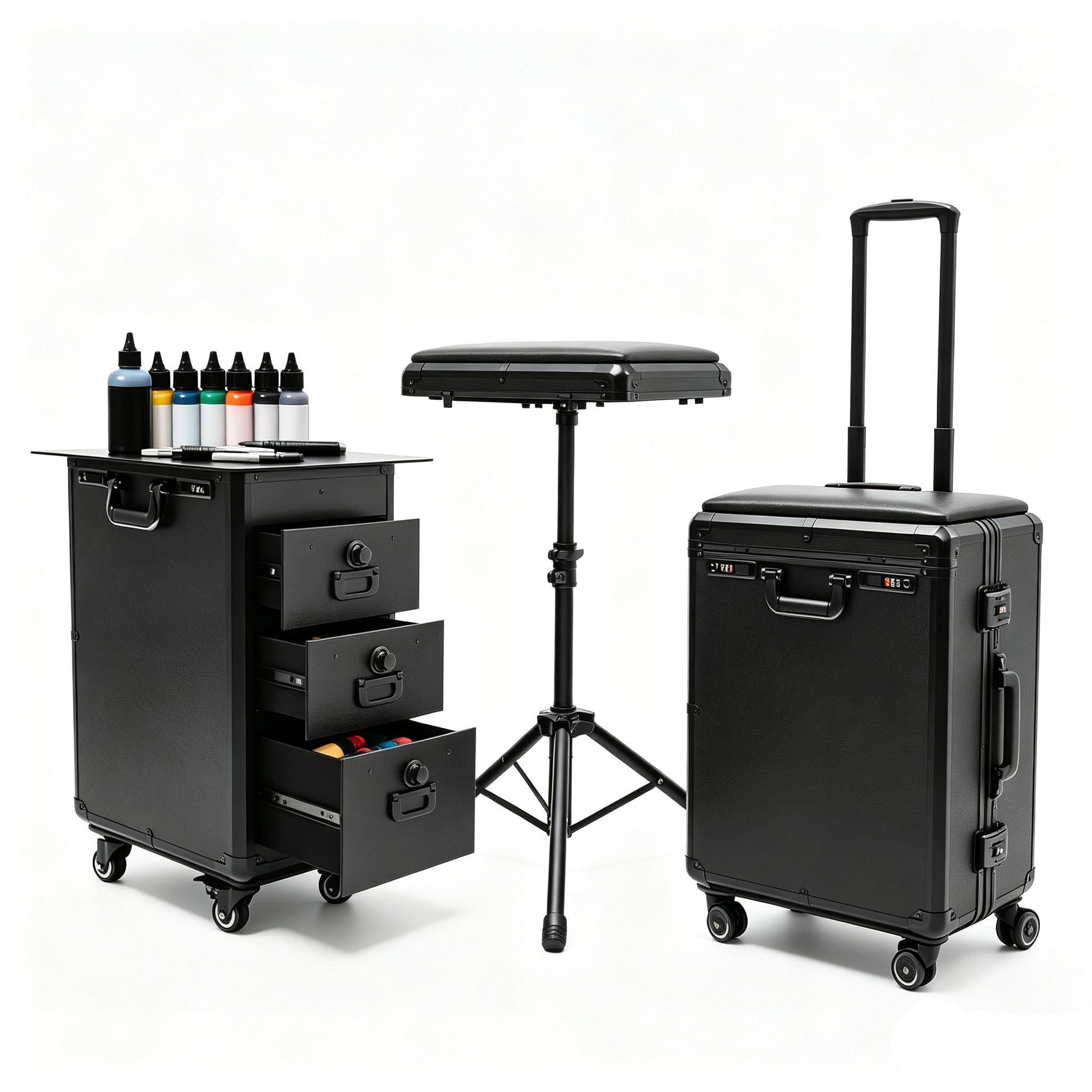 Kosmetikkoffer Trolley mit Armlehnenständer, Metallplatte | Professioneller Nagelkoffer mit 3 Schubladen & Kombinationsschloss, Tattoo Tisch Beauty Stand für Reise, Friseure, Visagisten