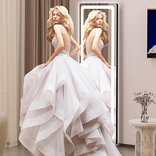 Miniatura 5 de Hasipu Espejo de longitud completa con luces, espejo LED iluminado de pie de 56 x 16 pulgadas, espejo de cuerpo completo con atenuación e