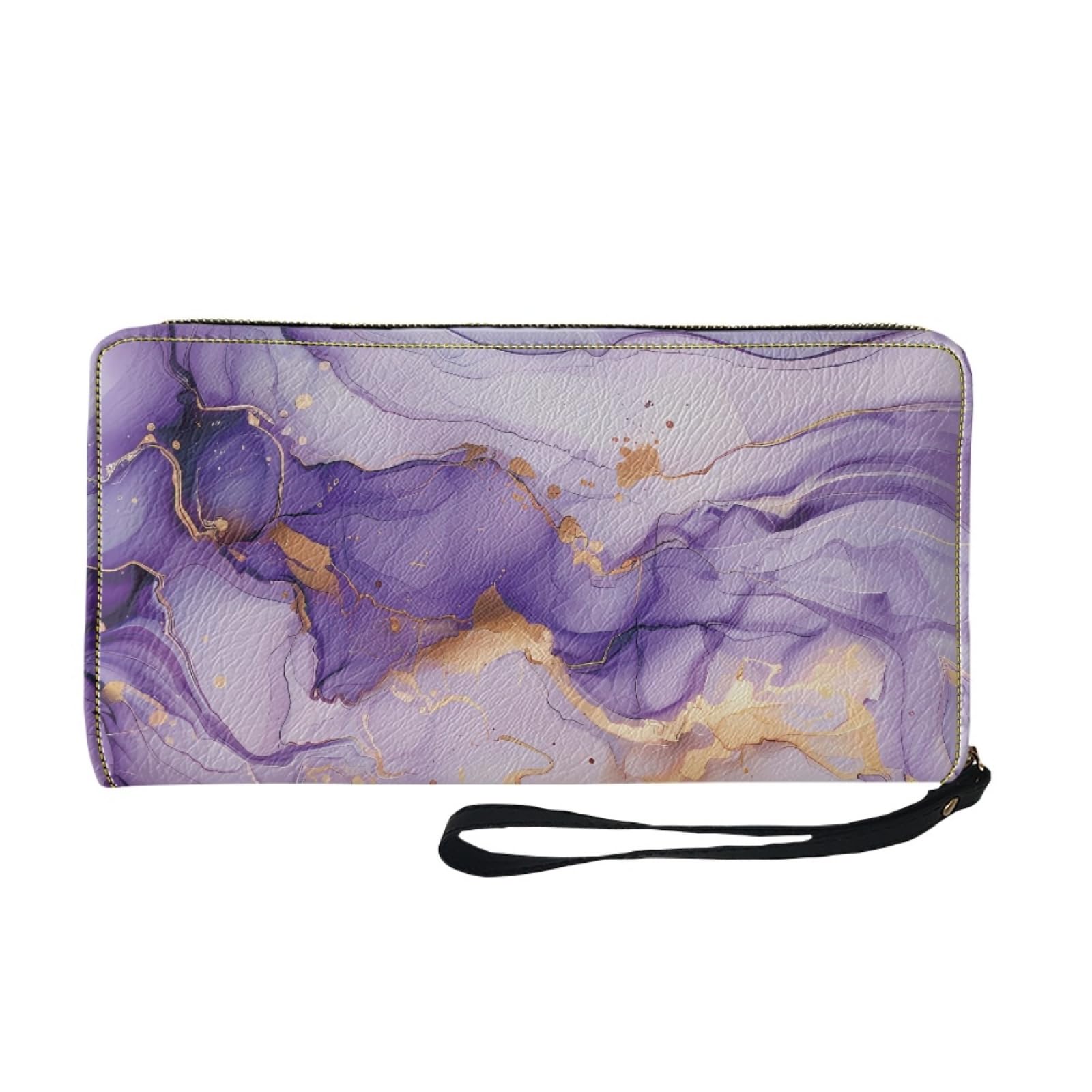 Portfel damski z portfelem na karty damskie, trwały, lekki i praktyczny portfel skórzany z kilkoma przegródkami i zapinanym na zamek etui na karty, Fioletowy nadruk marmuru, 11x20cm/3 Pièce