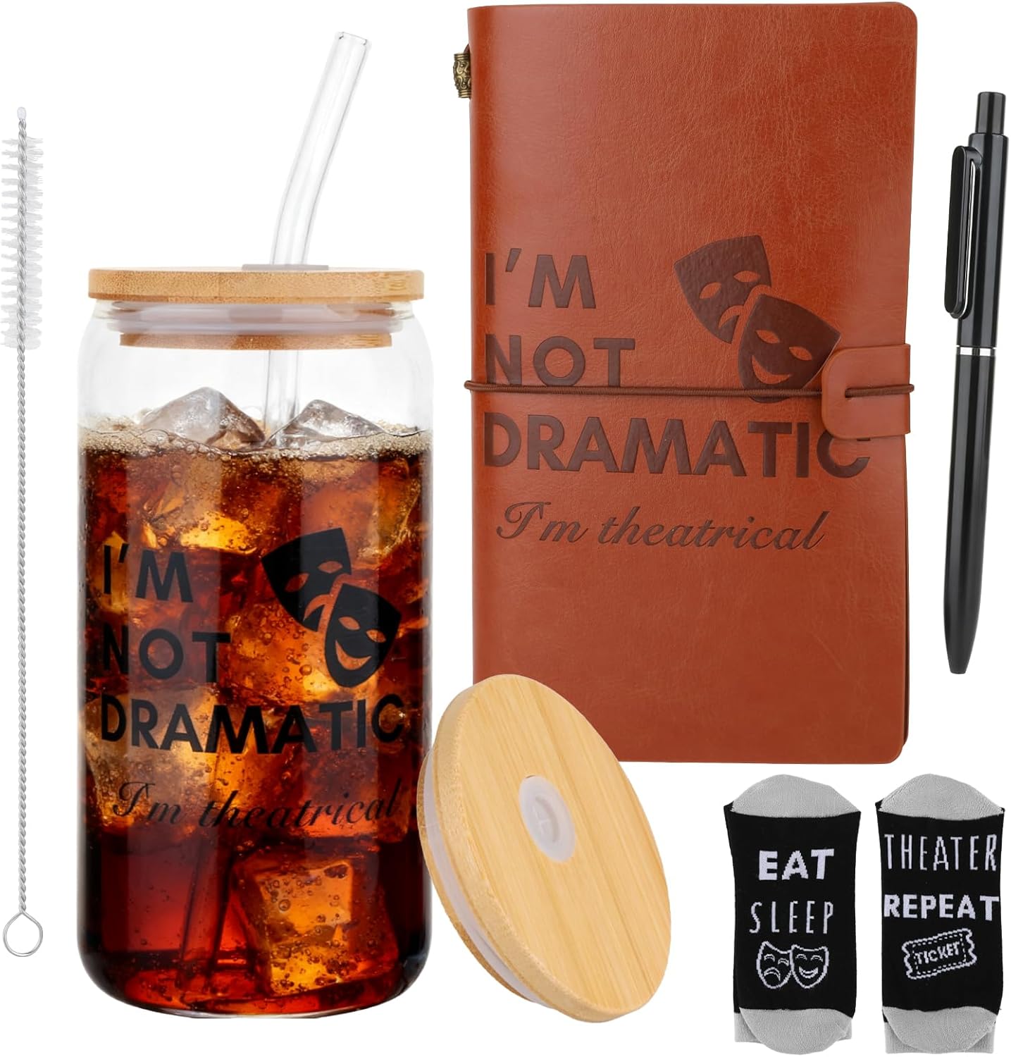 4 Pcs Theater Gift Set – 16 oz Tumblers, Leather Notebook, Pen & Socks Musical Actor Broadway Ideal for Theater Lovers, Drama Students Performers Directors Gifts for Graduation