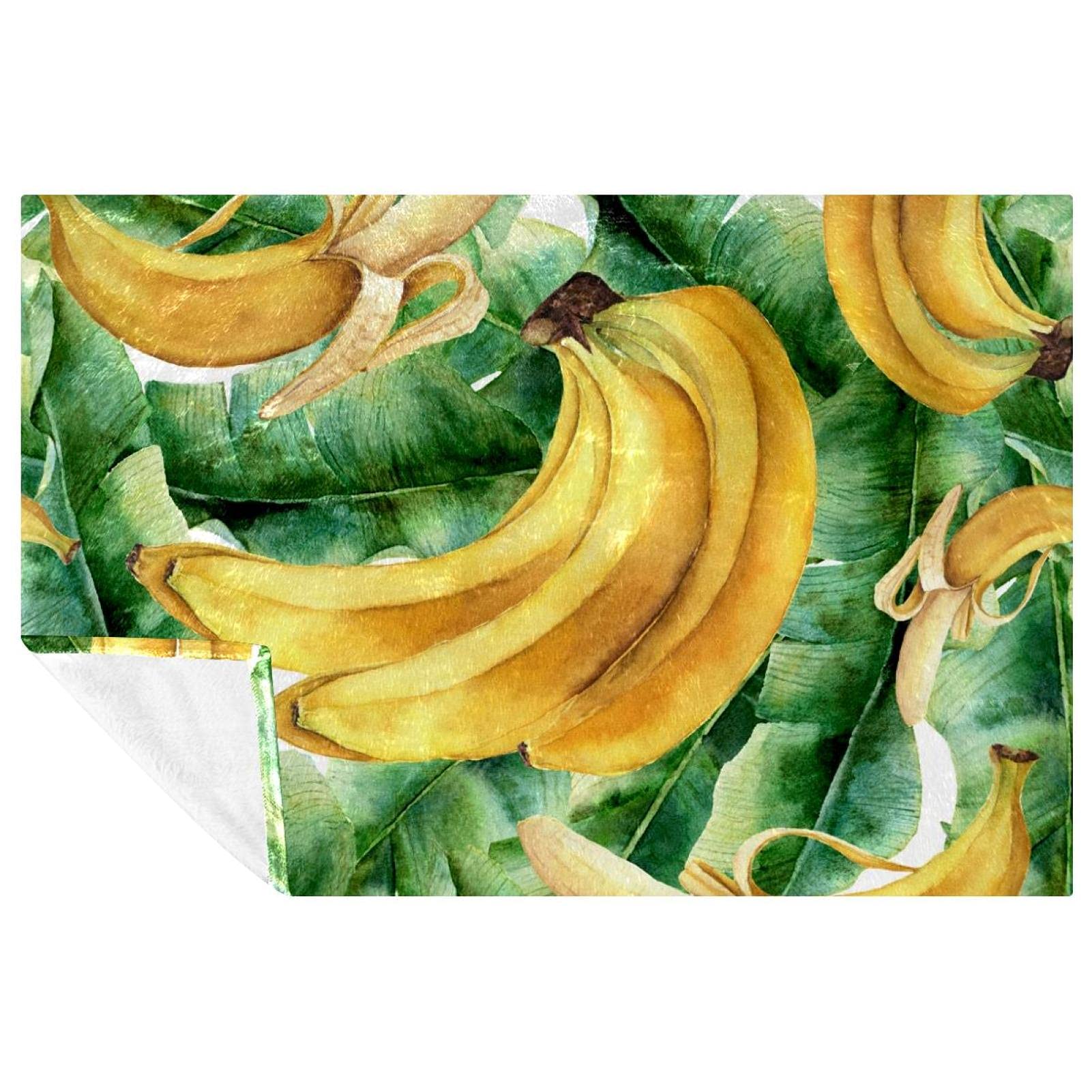 Couverture feuilles de bananier jaunes aquarelle 150x100 cm pour lit et canapé