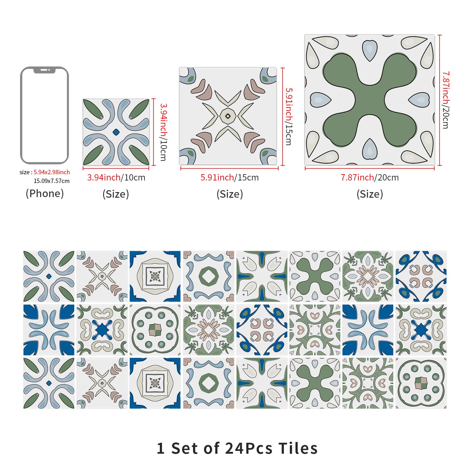 Naklejki na kafelki winylowe PCV, które można odkleić i przykleić | Zielony Kwiatowy, 24 szt. 10/15/20 cm, Backsplash Kuchni i Łazienki: Dekoracja Ścienna Peel And Stick(24 Pcs/15x15cm)