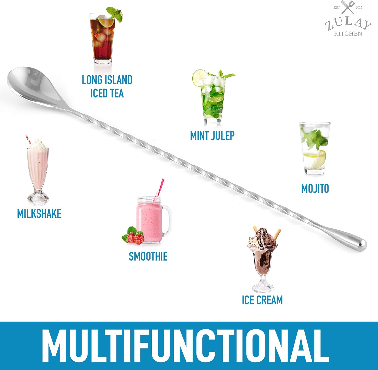 Zulay Premium 12 Inch Stainless Steel Cocktail Spoon, Long Attractive Spiral Design Perfect for Mixing and Layering Drinks, Bar Spoon & Cocktail Mixing Spoon for Cocktail Shakers, Tall Cups & Pitchers : Home & Kitchen