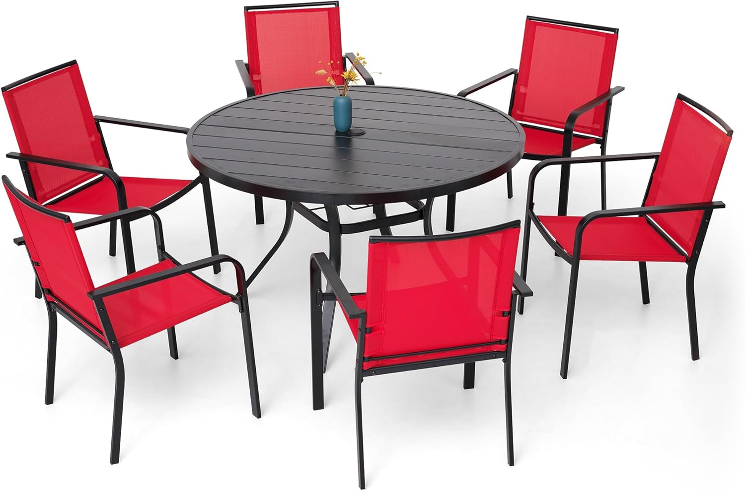7-Piece Outdoor Dining Set, 6 Stackable Chairs & 48'' Round Table w/Umbrella Hole All Weather Furniture Set for Lawn,Deck,Backyard - Red