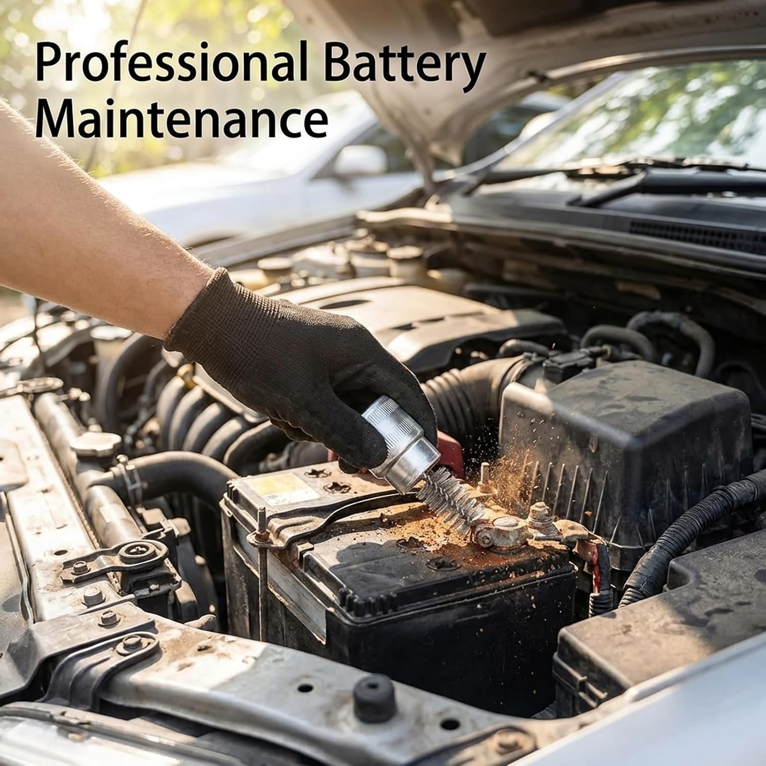 Car Battery Terminal Cleaning Kit, Car Battery Cleaner, 4-in-1 Dual Hole Cleaning Brush, Battery Post Cleaner Tool, Includes Anti-Rust Fiber Washers, Suitable for 6V 12V Batteries, Removes Dirt