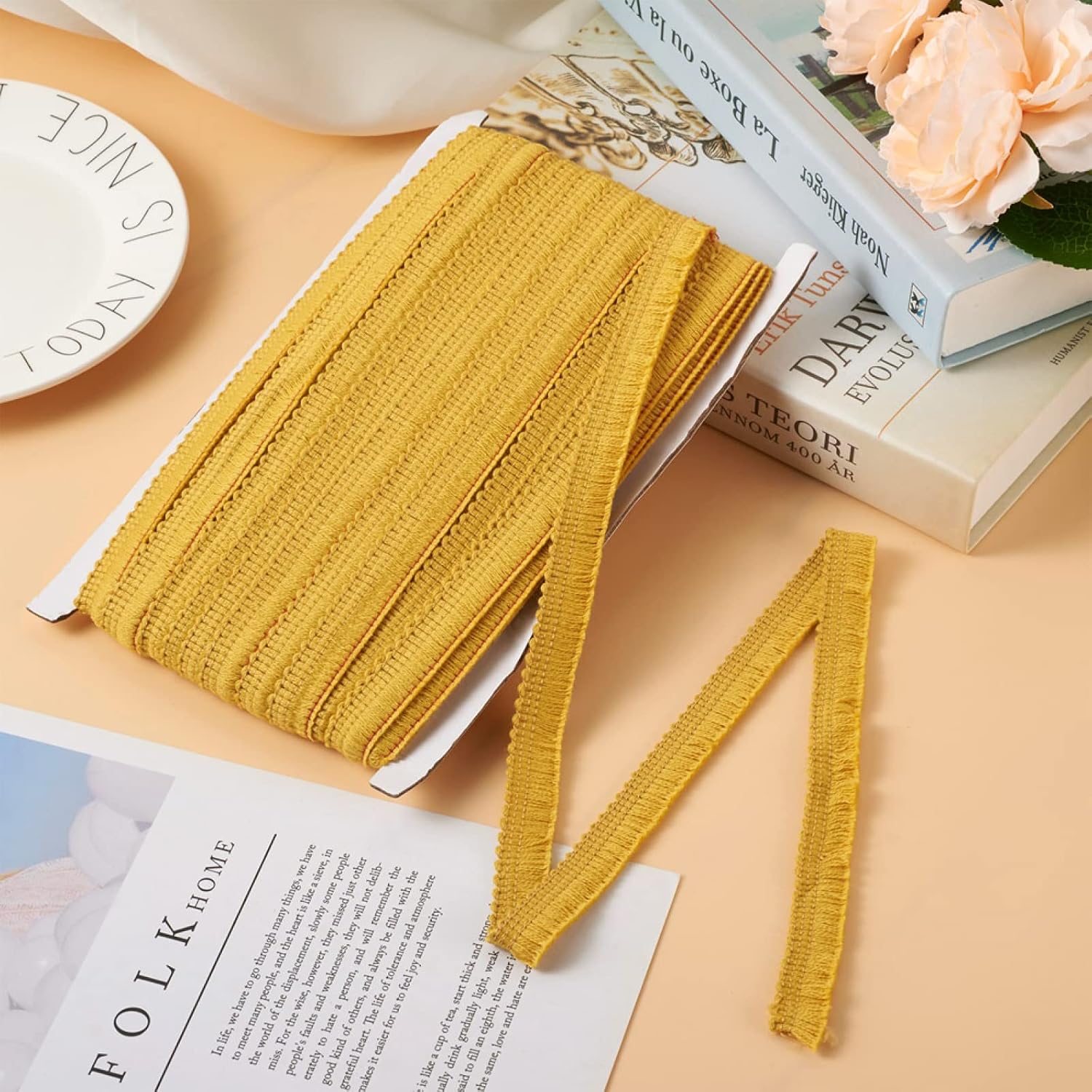 27.34 Yards/25cm Yellow Cotton Braided Ribbons 5/8 Inch Wide Polyester Tassel Lace with Paper Card Chaînette Fringe Fibre Trim for Clothes Sewing Furniture Decoration DIY Tassel Pendants Making