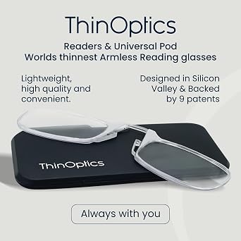 ThinOptics Folding Reading Glasses, 1.0 to 2.5, Universal Pod Case, Armless