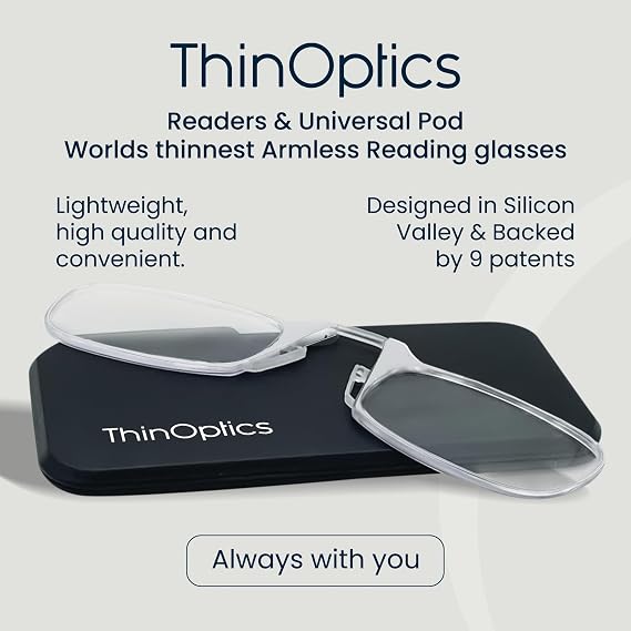 ThinOptics Folding Reading Glasses, 1.0 to 2.5, Universal Pod Case, Armless